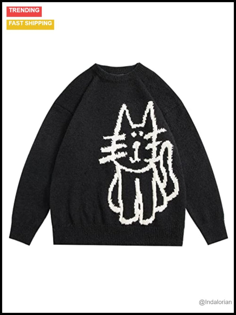 Oversized Cat Print Pullover Sweater Fall Winter Long Sleeve Crew Neck